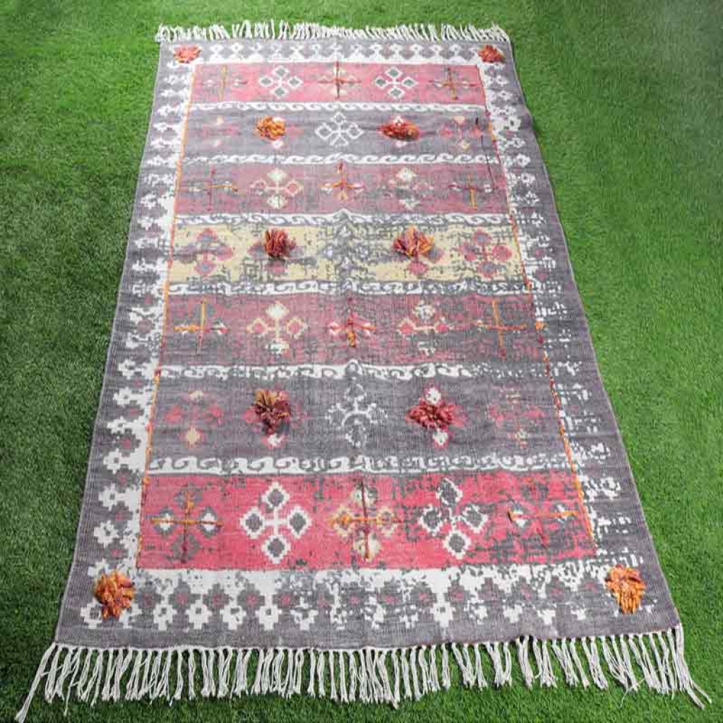 COTTON SCREEN ALL OVER PRINT RUGS WITH EMBROIDERY