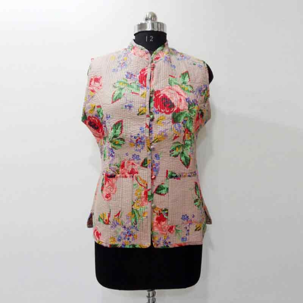 COTTON SCREEN PRINT ALL OVER FLORAL DESIGN SHORT SLEEVE LESS JACKET