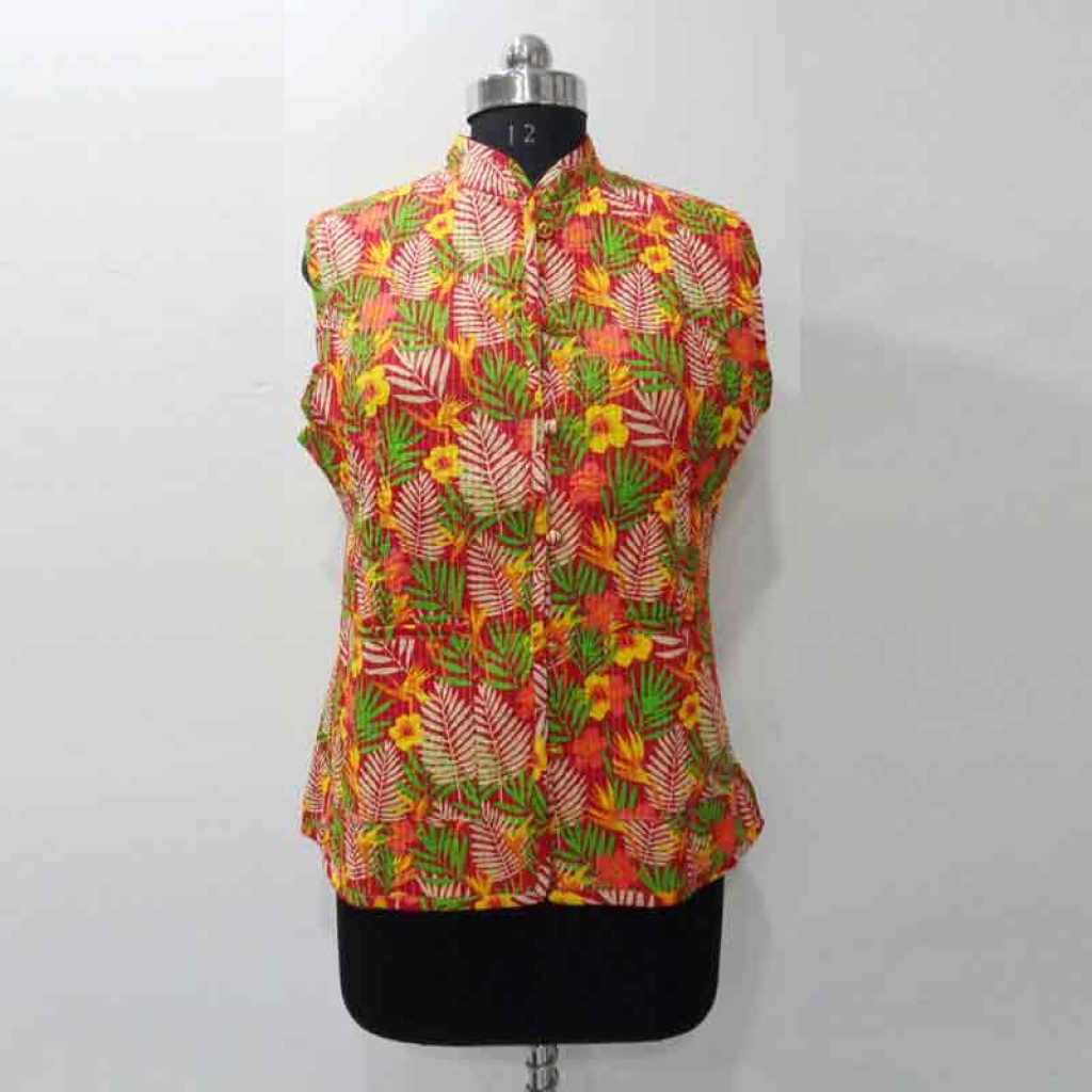 COTTON SCREEN PRINT ALL OVER FLORAL DESIGN SHORT SLEEVE LESS JACKET