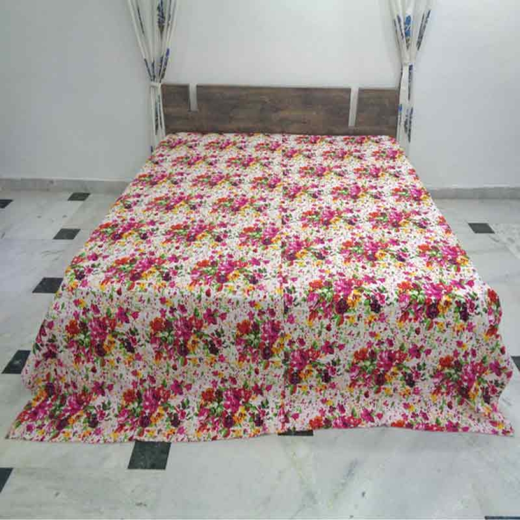 COTTON SCREEN PRINT ALL OVER FLORAL DESIGN KANTHA BED COVER FOR ALL-SEASON