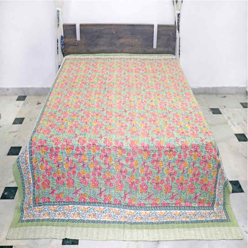 COTTON HAND BLOCK FULL PENAL KANTHA BED COVER FOR ALL-SEASON