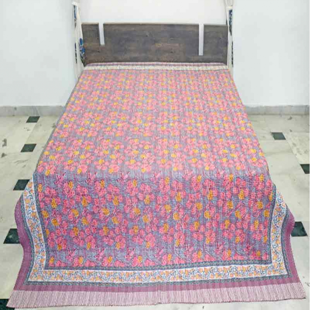 COTTON HAND BLOCK FULL PENAL KANTHA BED COVER FOR ALL-SEASON