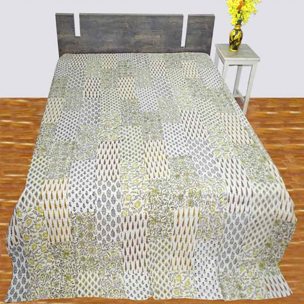 COTTON HAND BLOCK PATCH WORK PRINT KANTHA BED COVER FOR ALL-SEASON