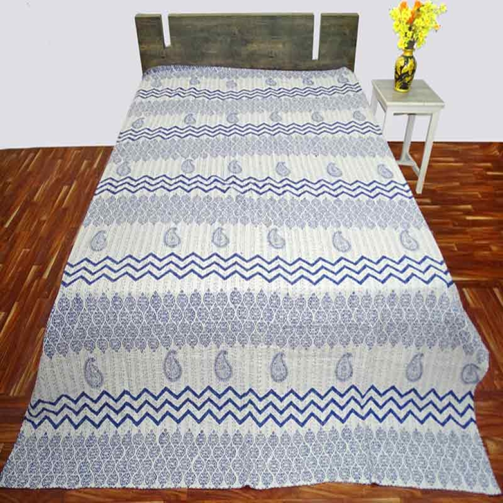 COTTON HAND BLOCK ALL OVER PRINT KANTHA BED COVER FOR ALL-SEASON