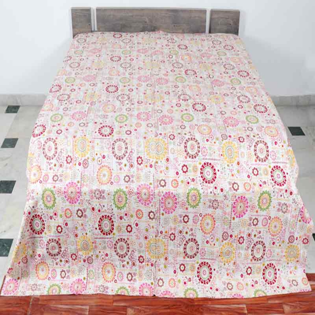 COTTON DISCHARGE PRINT KANTHA BED COVER