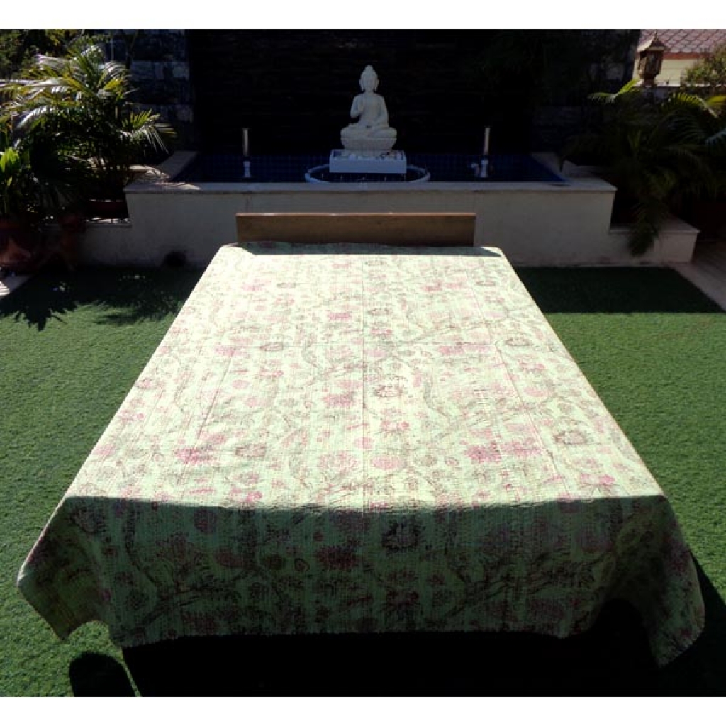 Screen Printed Cotton Kantha Bed Sheet