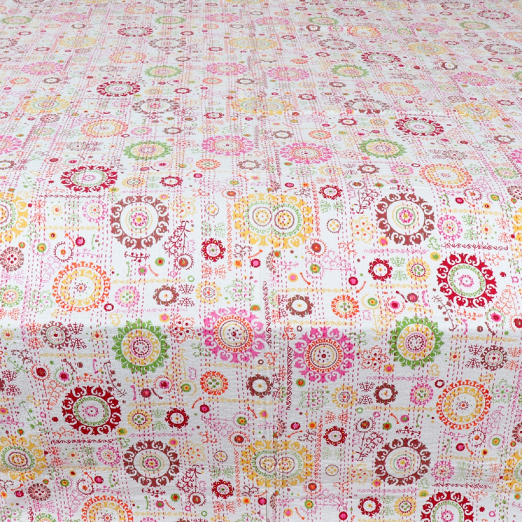 COTTON DISCHARGE PRINT KANTHA BED COVER