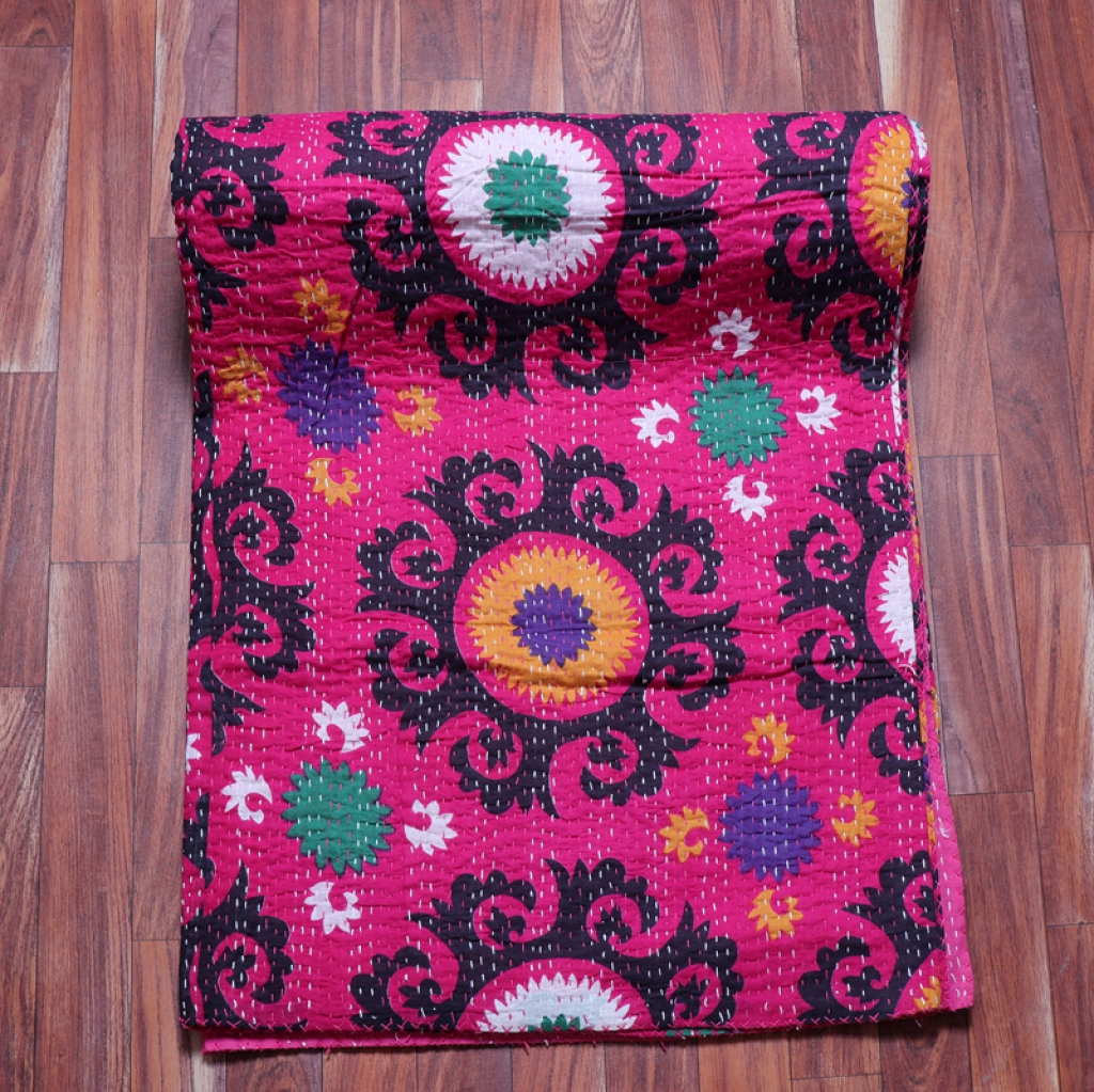 COTTON DISCHARGE PRINT KANTHA BED COVER FOR ALL-SEASON