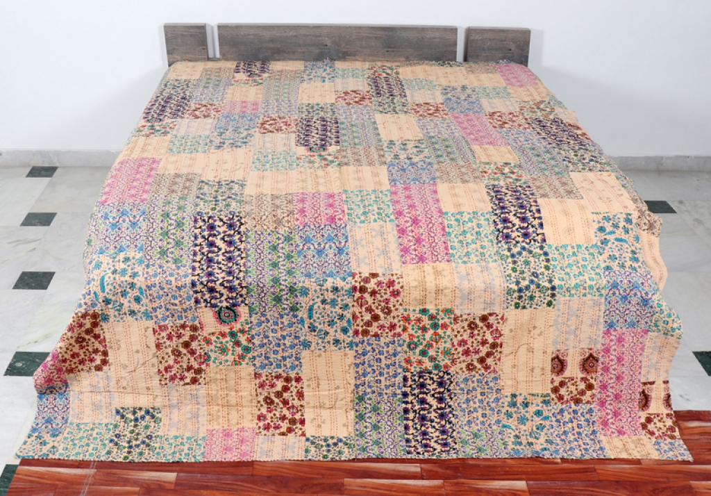 COTTON HAND BLOCK PATCH WORK PRINT KANTHA BED COVER FOR ALL-SEASON