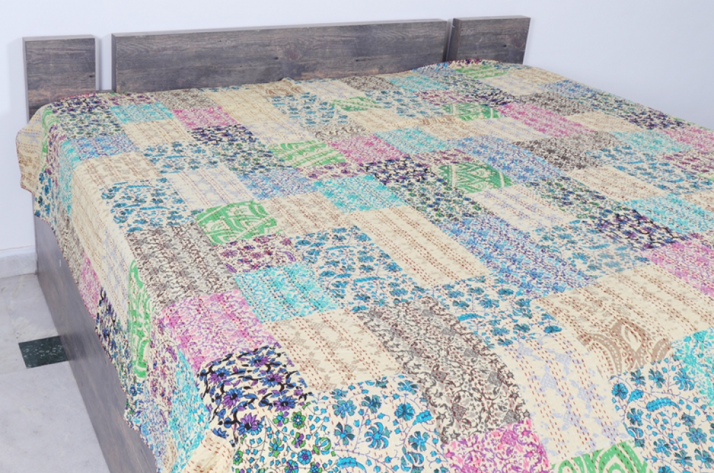 COTTON HAND BLOCK PATCH WORK PRINT KANTHA BED COVER FOR ALL-SEASON