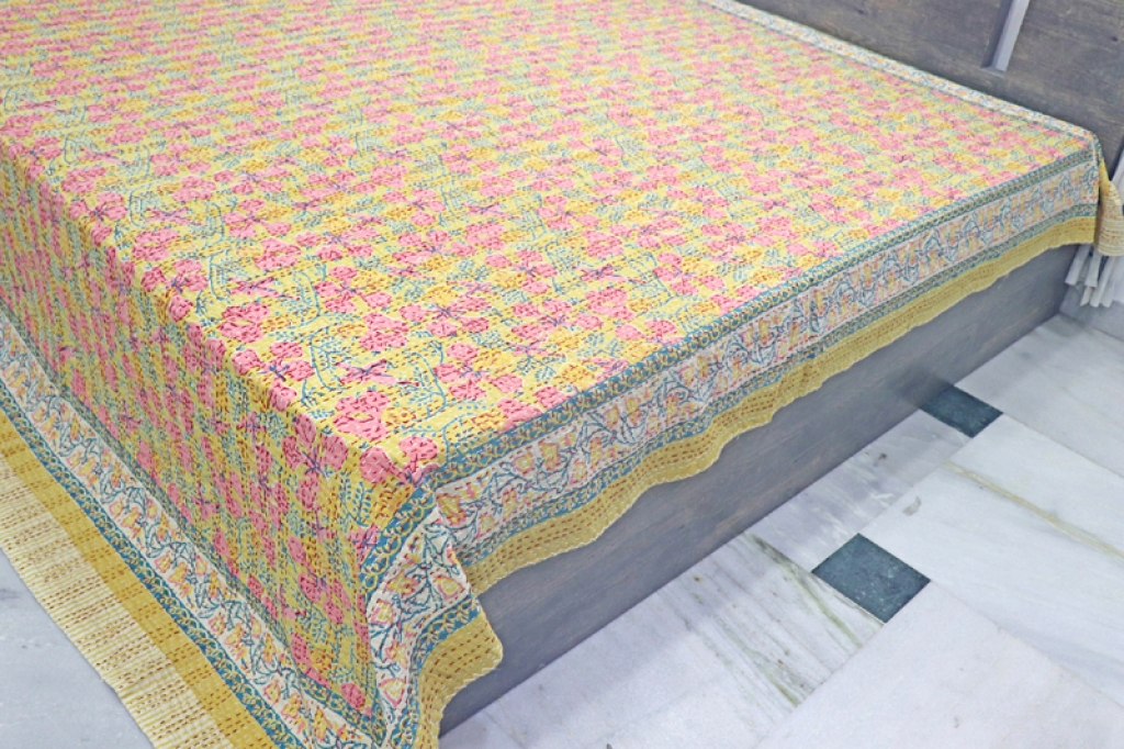 COTTON HAND BLOCK FULL PENAL KANTHA BED COVER FOR ALL-SEASON