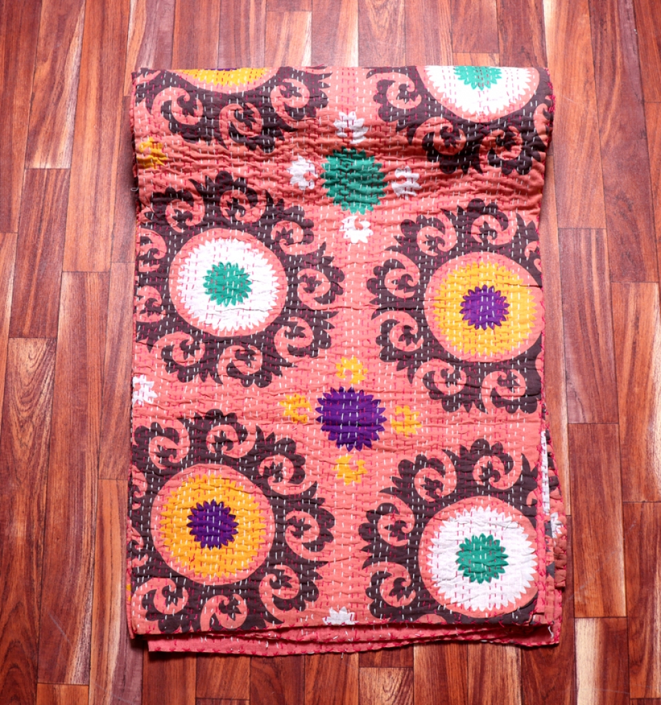 COTTON DISCHARGE PRINT KANTHA BED COVER FOR ALL-SEASON