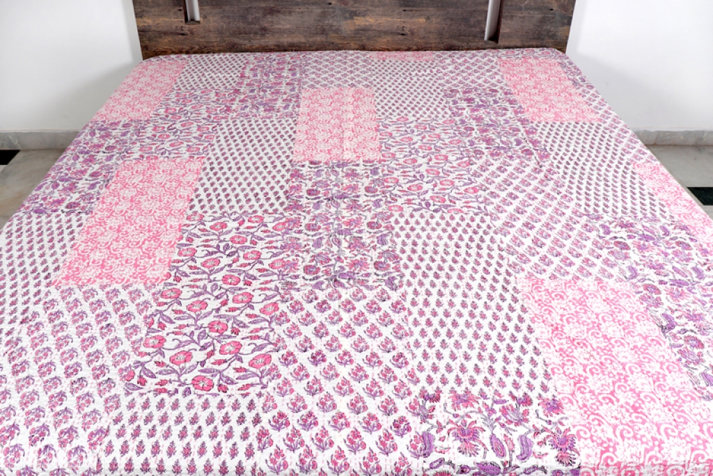 COTTON HAND BLOCK PATCH WORK PRINT KANTHA BED COVER FOR ALL SEASON