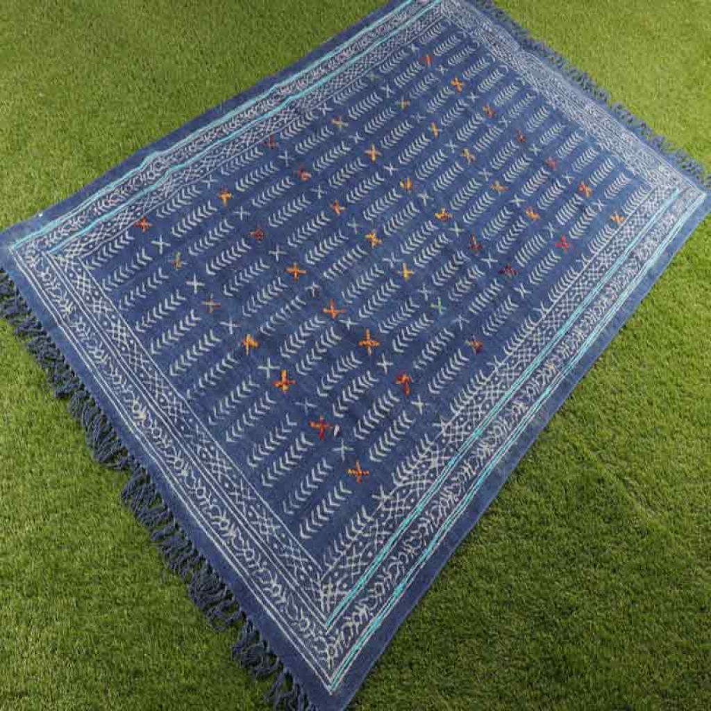 COTTON INDIGO ALL OVER PRINT RUGS WITH EMBROIDERY