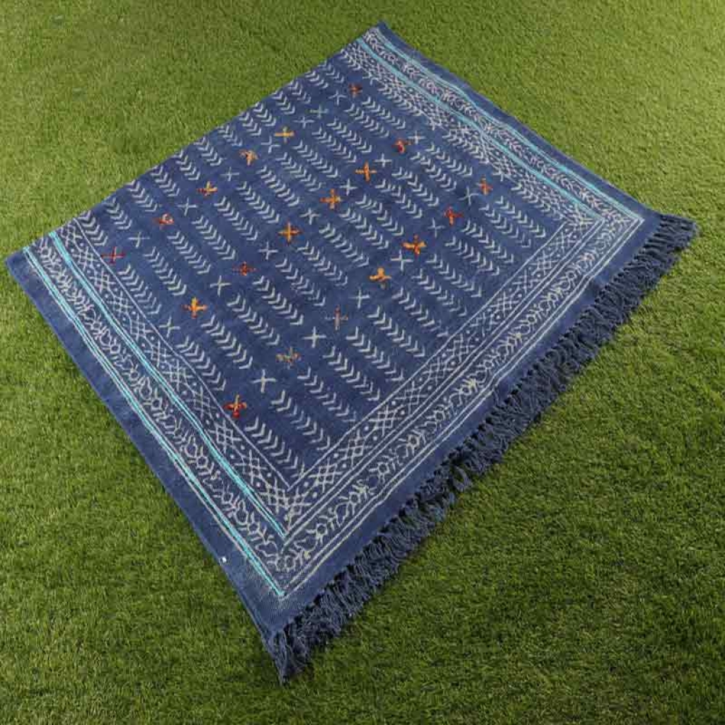 COTTON INDIGO ALL OVER PRINT RUGS WITH EMBROIDERY