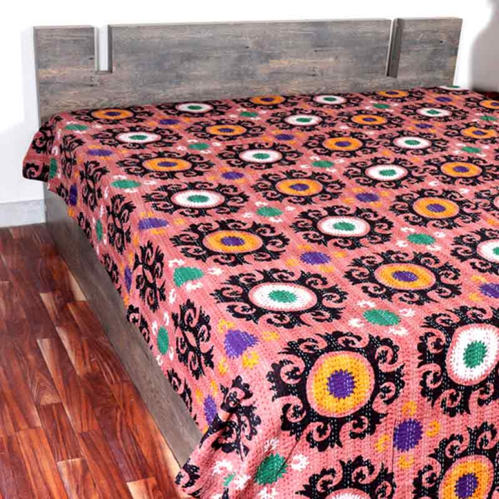 COTTON DISCHARGE PRINT KANTHA BED COVER FOR ALL-SEASON