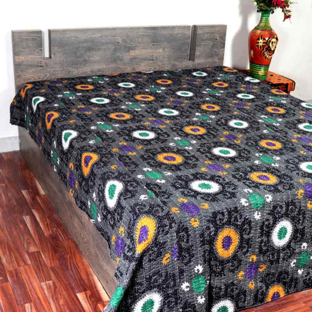 COTTON DISCHARGE PRINT KANTHA BED COVER FOR ALL-SEASON