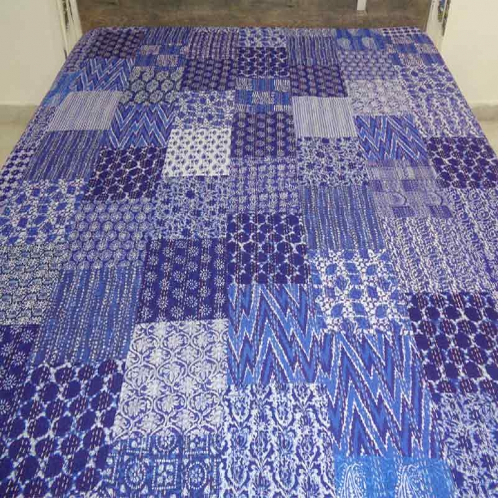 COTTON INDIGO PATCH PRINT KANTHA BED COVER FOR ALL-SEASON