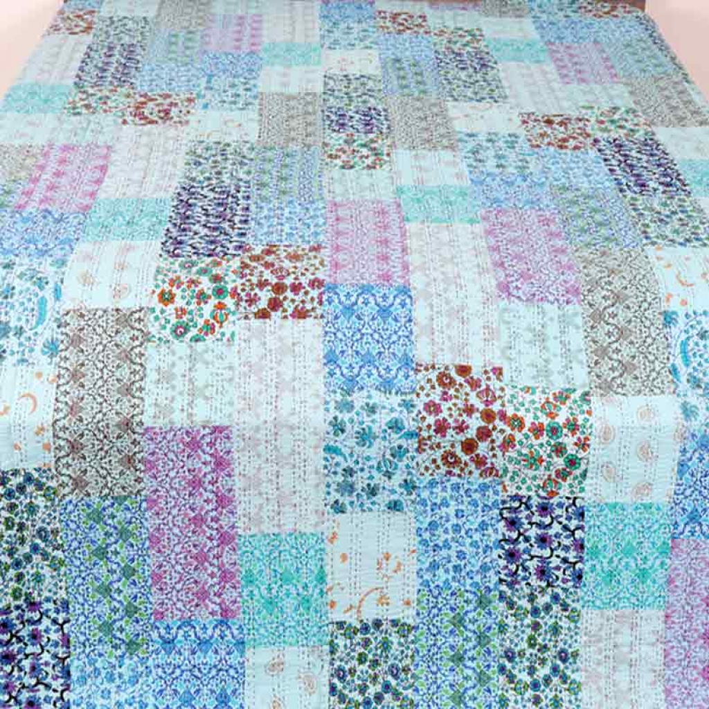 COTTON HAND BLOCK PATCH WORK PRINT KANTHA BED COVER FOR ALL-SEASON