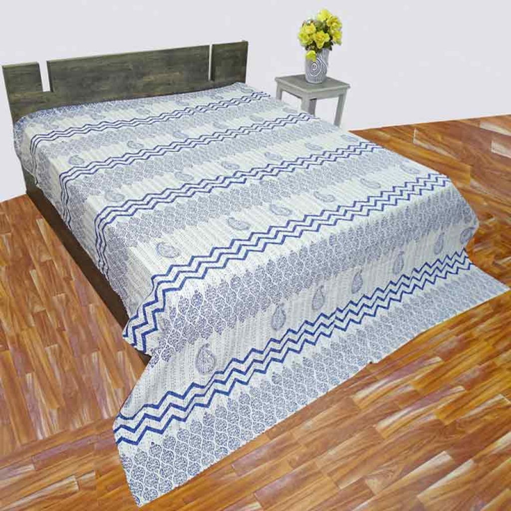 COTTON HAND BLOCK ALL OVER PRINT KANTHA BED COVER FOR ALL-SEASON