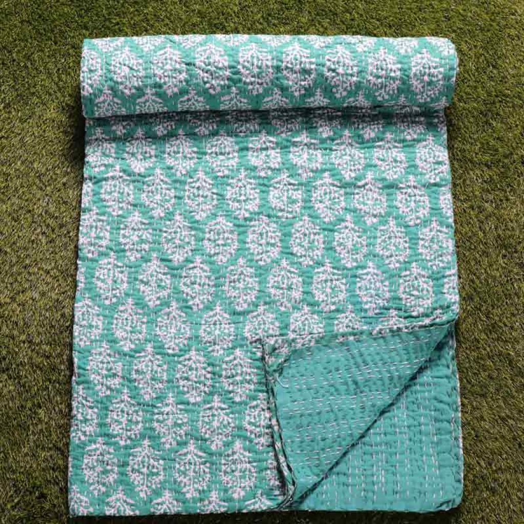 COTTON HAND BLOCK ALL OVER PRINT KANTHA BED COVER FOR ALL-SEASON