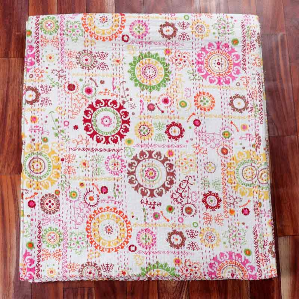 COTTON DISCHARGE PRINT KANTHA BED COVER