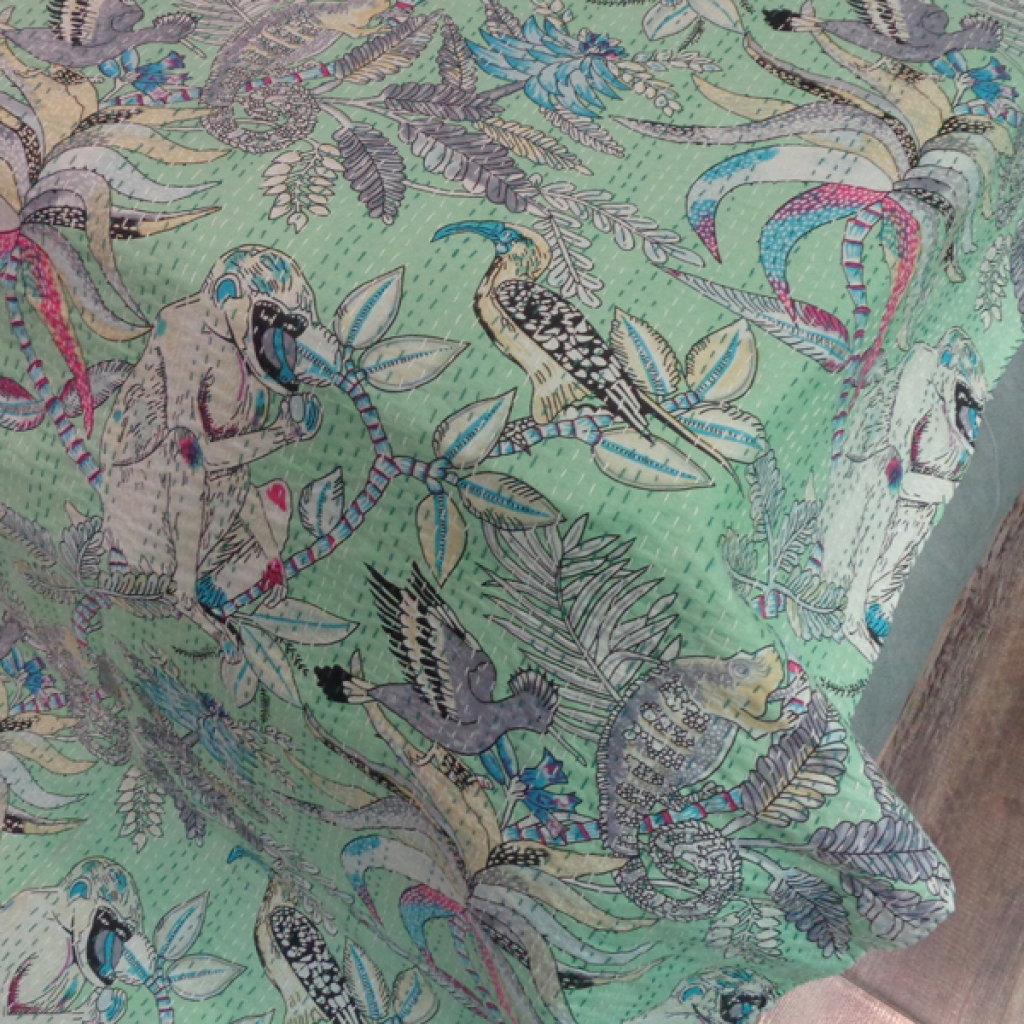 MONKEY PRINTED COTTON KANTHA BED COVER