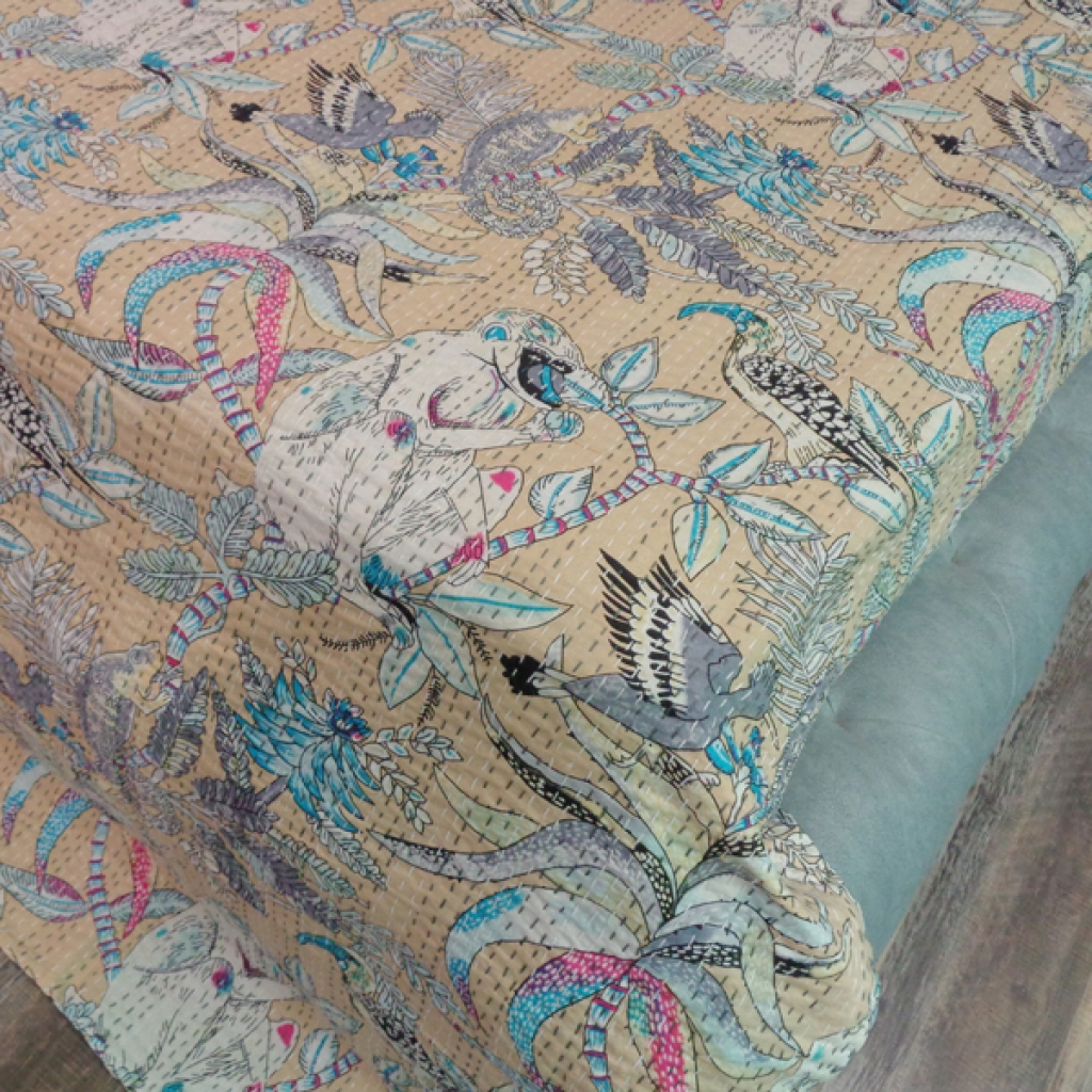 MONKEY PRINTED COTTON KANTHA BED COVER