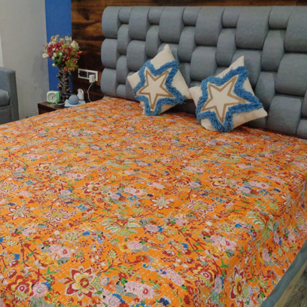 FLORAL PRINTED  KANTHA BED COVER