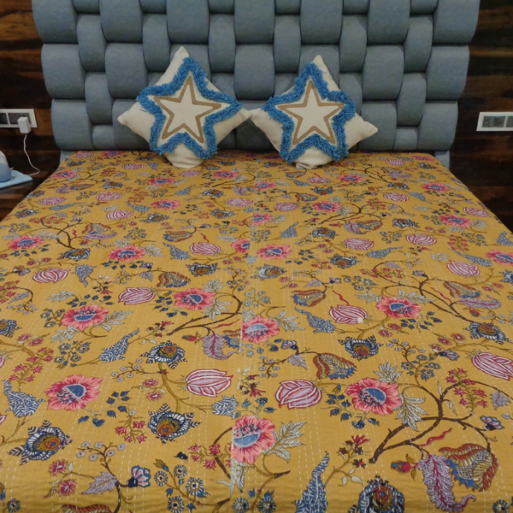 FLOWER PRINTED COTTON KANTHA BEDCOVER
