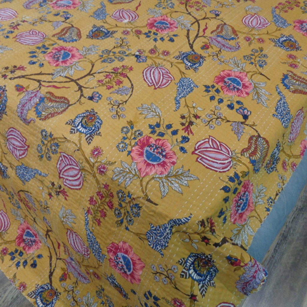 FLOWER PRINTED COTTON KANTHA BEDCOVER
