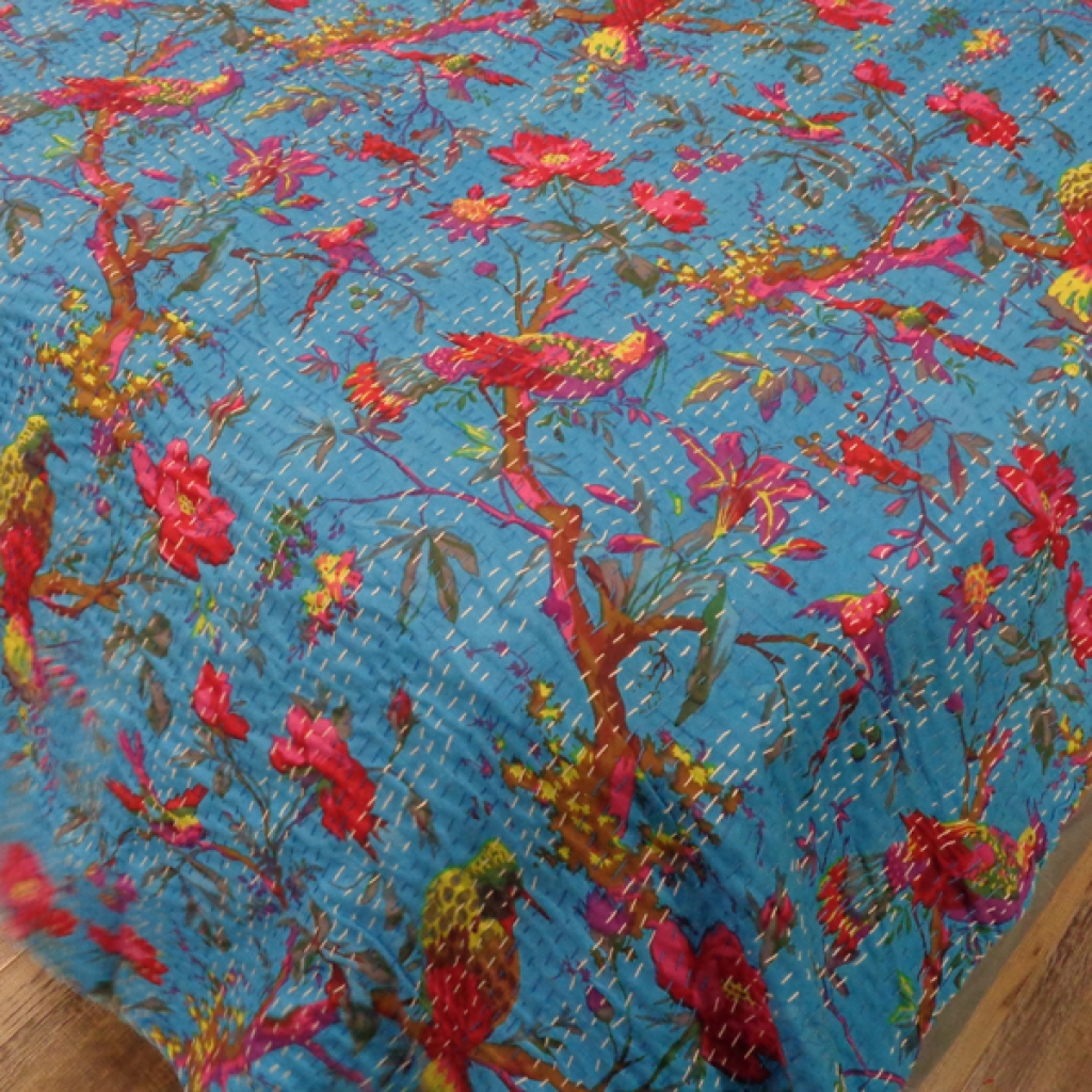 FLORAL PRINTED  KANTHA BED COVER