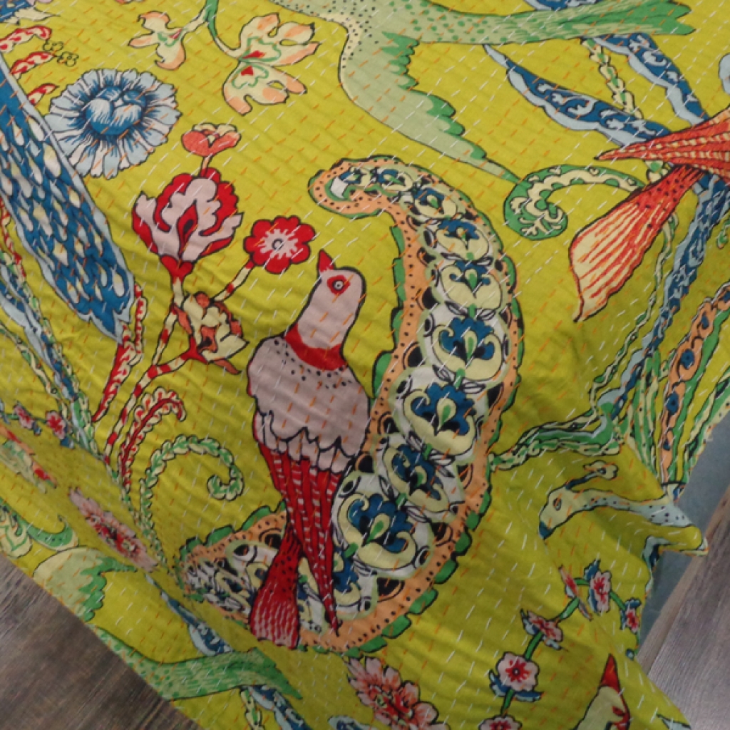 BIRDS PRINTED COTTON KANTHA BED COVER