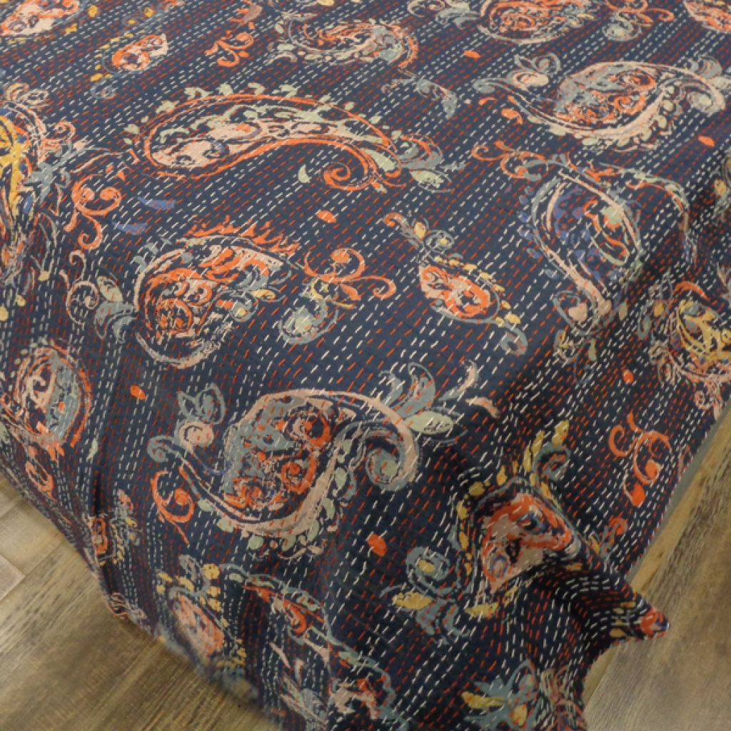 PAISELY PRINTED COTTON KANTHA BEDCOVER