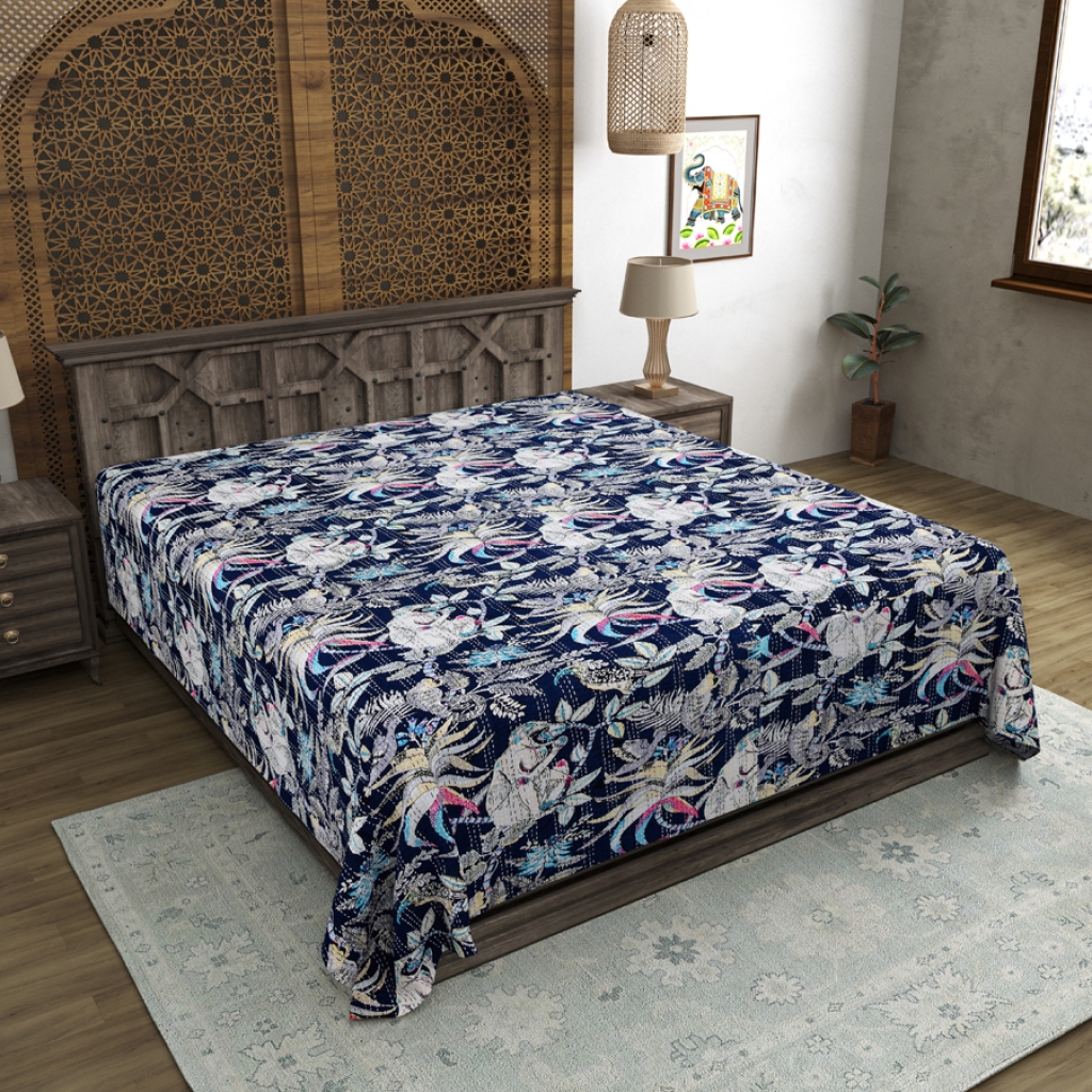 MONKEY PRINTED COTTON KANTHA BEDCOVER