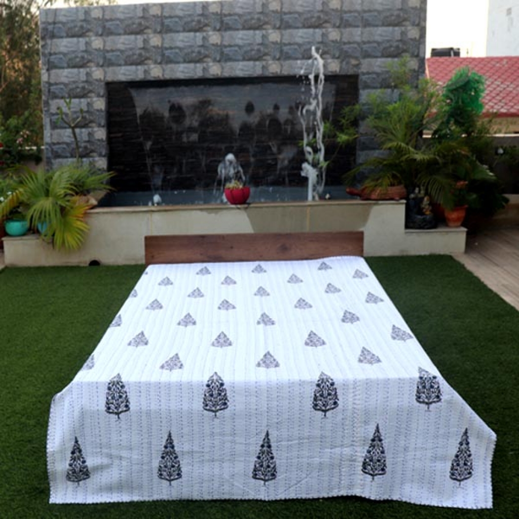 Screen Printed Cotton Kantha Bed Sheet