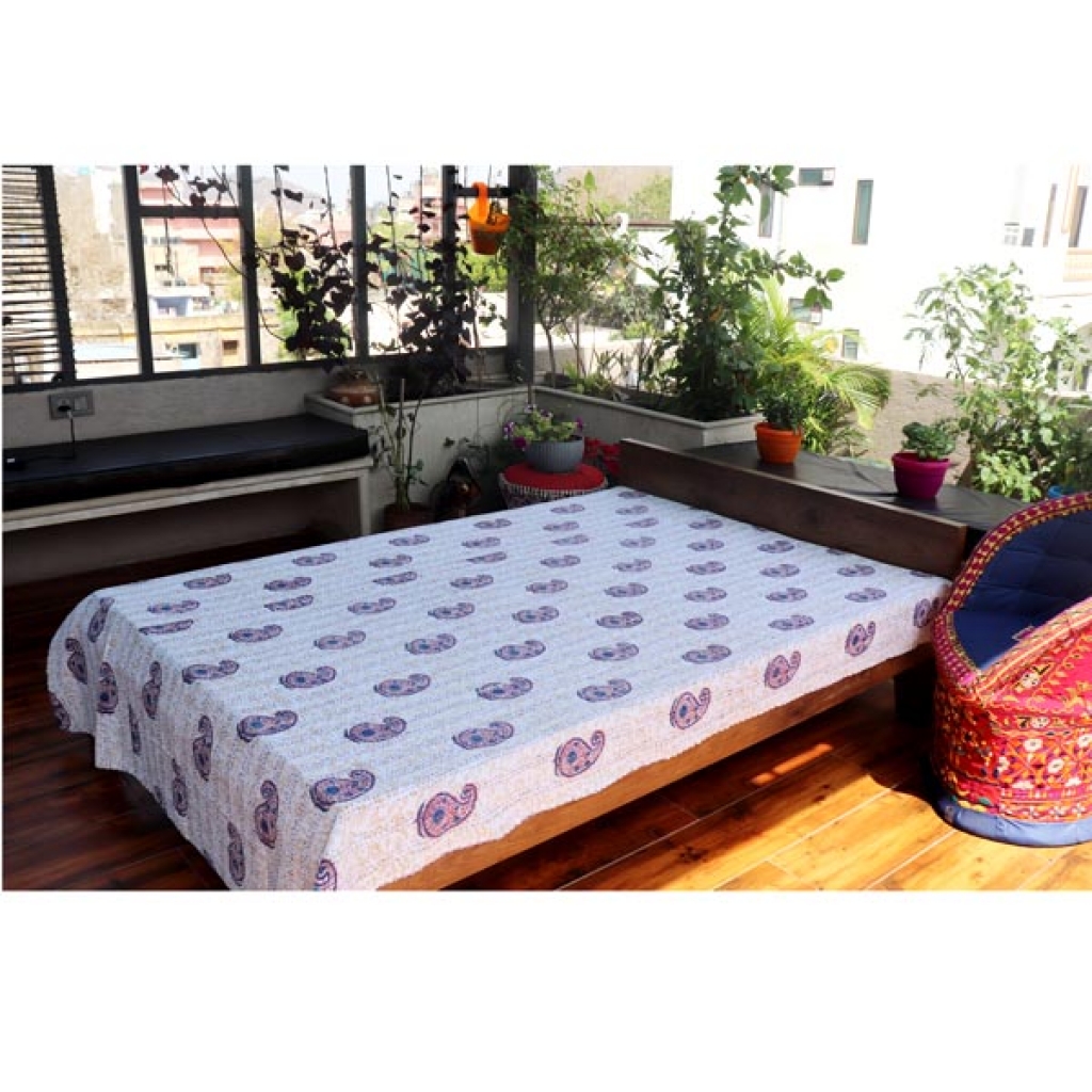 Screen Printed Cotton Kantha Bed Sheet