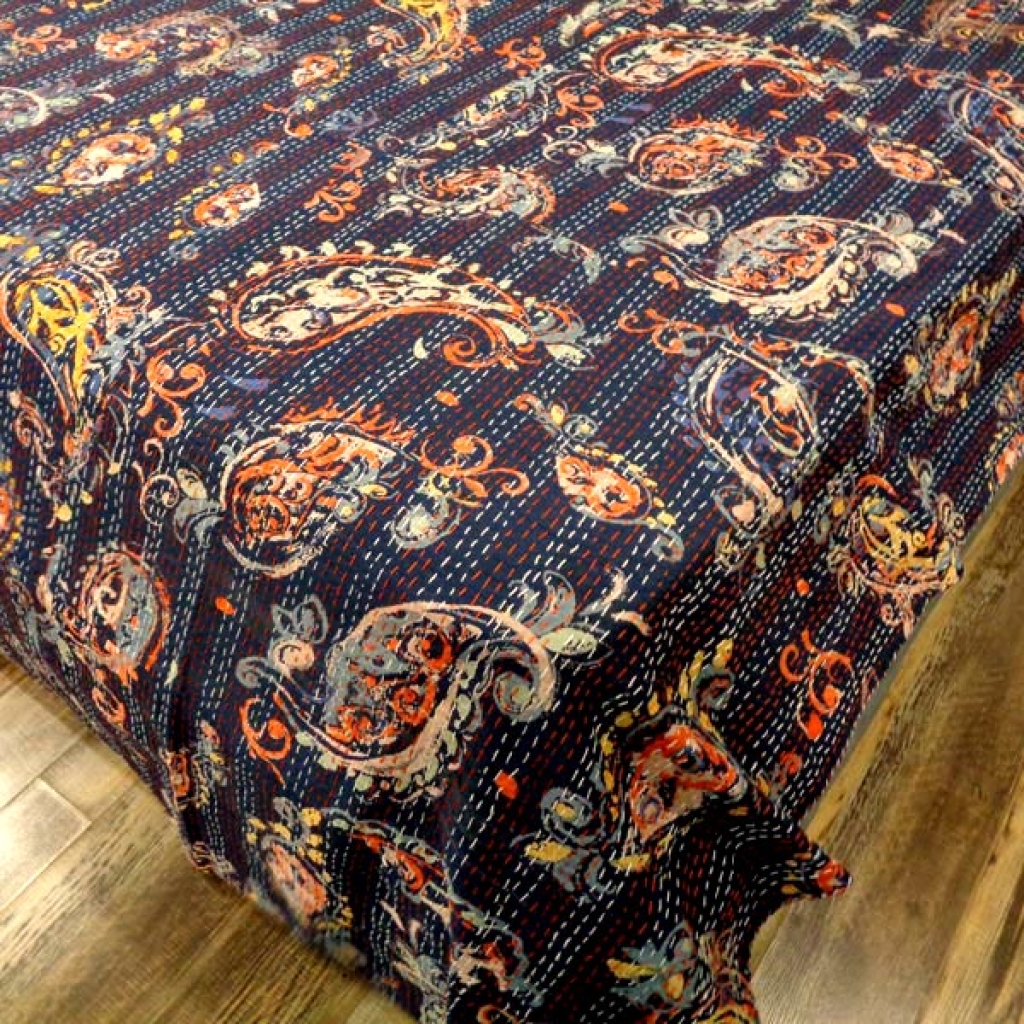 INDIAN PAISELY PRINTED COTTON KANTHA BEDCOVER