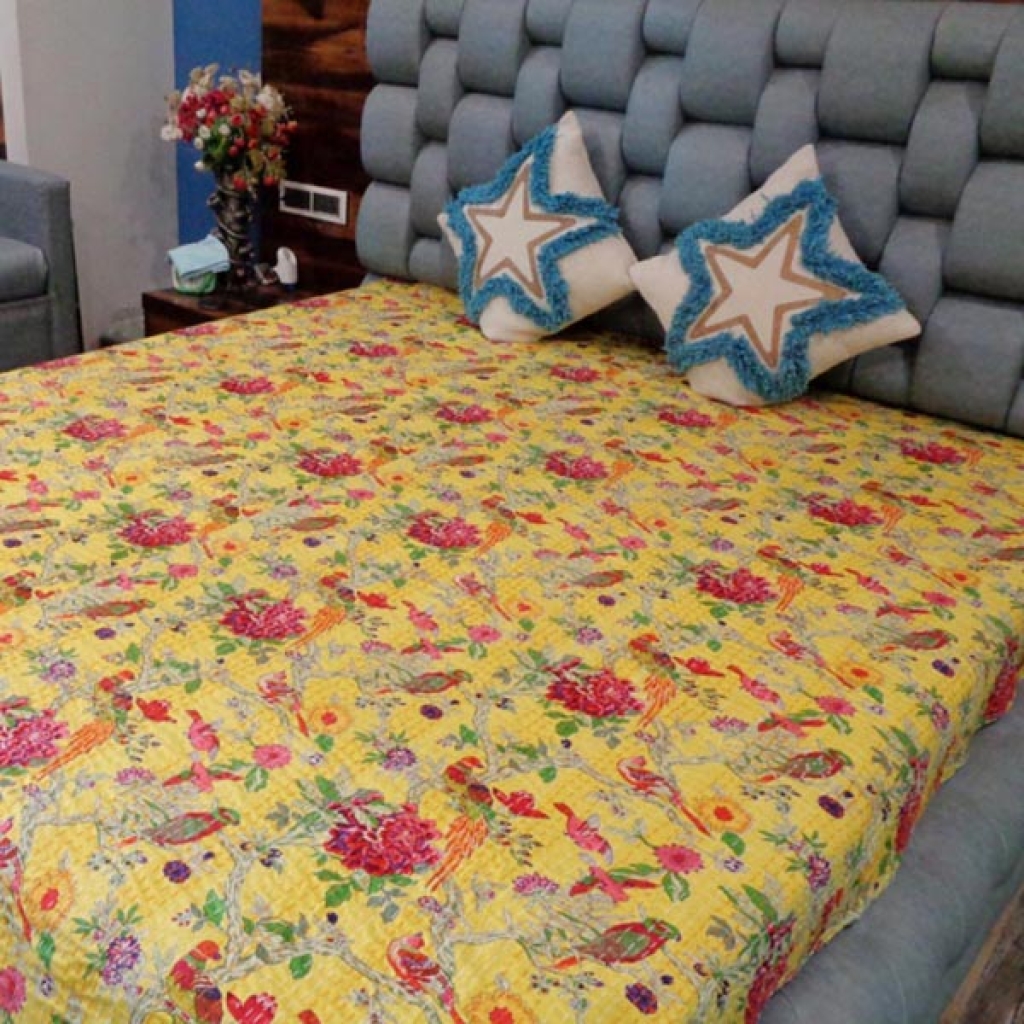 NEW BIRDS PRINTED COTTON KANTHA BED COVER