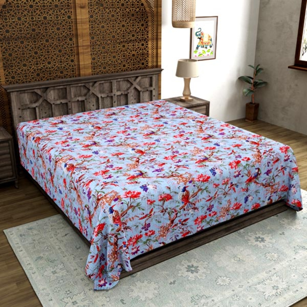 FLORAL PRINTED  KANTHA BED COVER