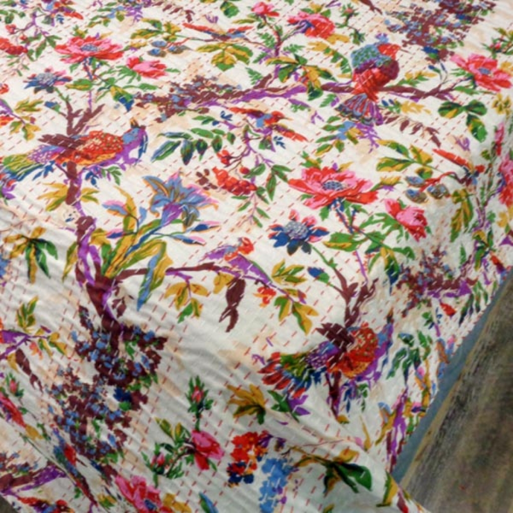 FLORAL DESIGNER PRINTED KANTHA BED COVER