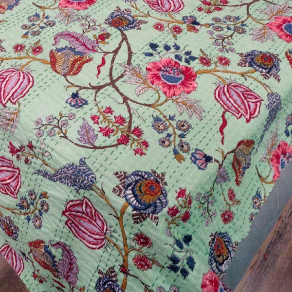 INDIAN COTTON FLOWER PRINTED KANTHA BEDCOVER