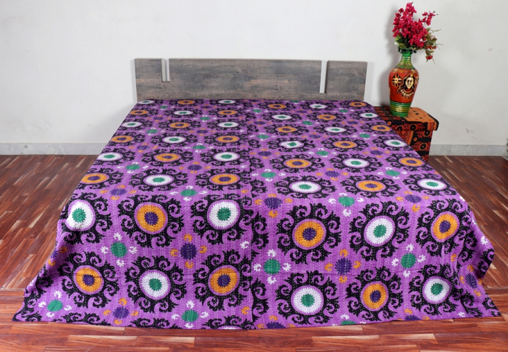 COTTON DISCHARGE PRINT KANTHA BED COVER FOR ALL-SEASON 100% COTTON