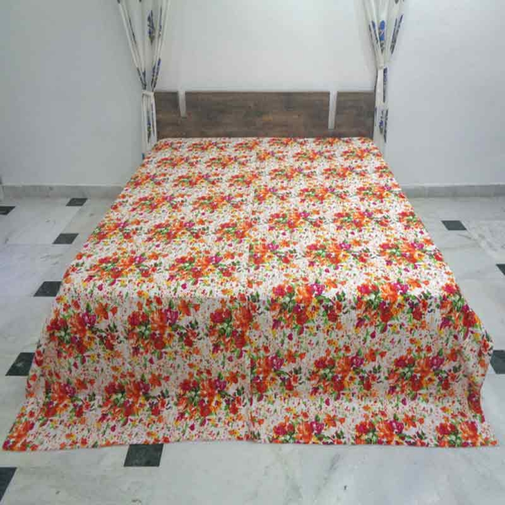COTTON SCREEN PRINT ALL OVER FLORAL DESIGN KANTHA BED COVER FOR ALL-SEASON