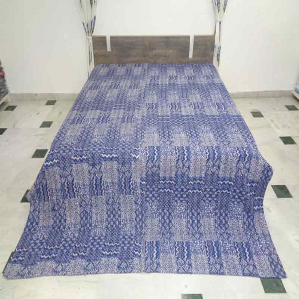 COTTON INDIGO PATCH PRINT KANTHA BED COVER FOR ALL-SEASON