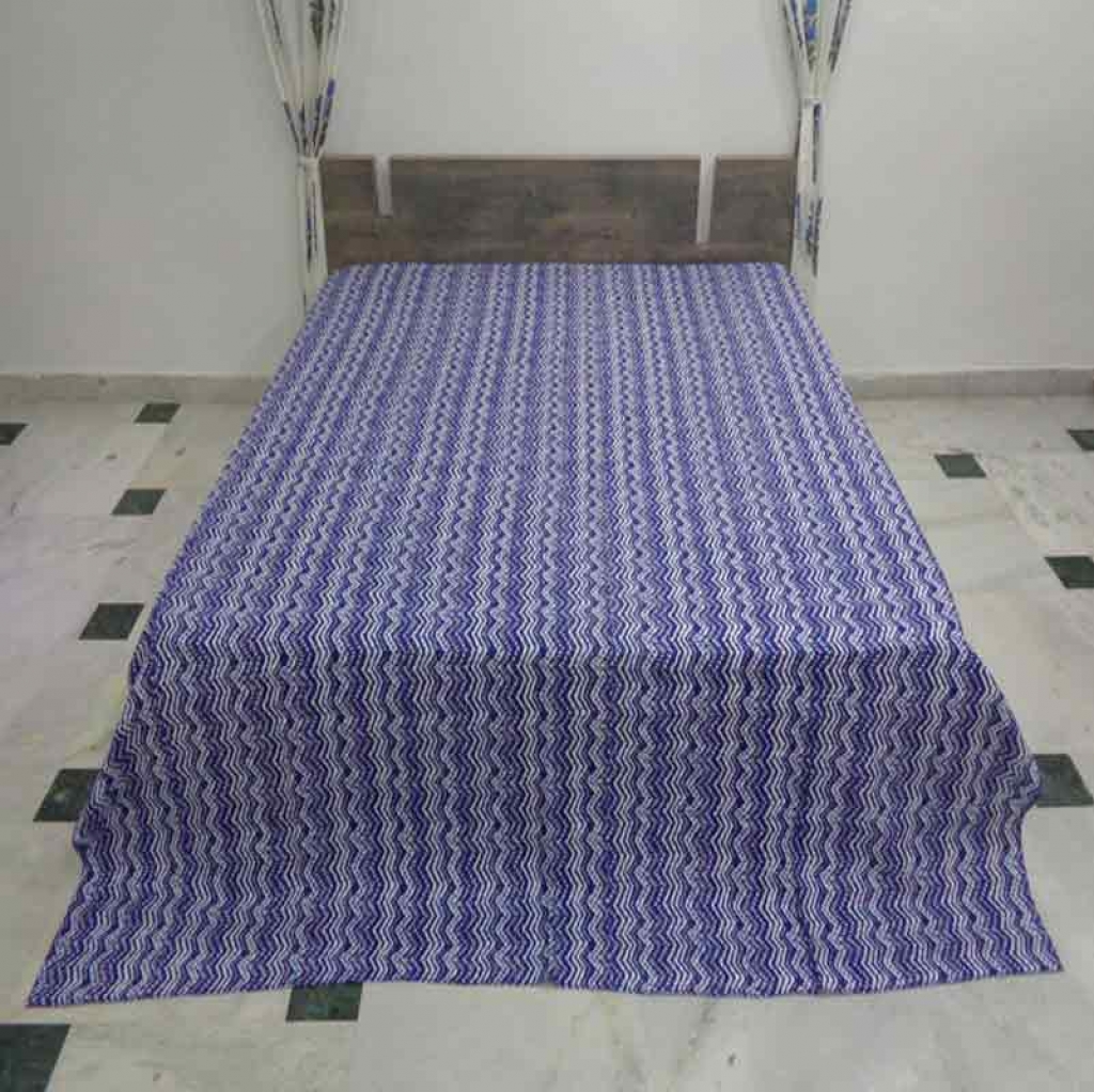 COTTON INDIGO ALL OVER PRINT KANTHA BED COVER FOR ALL-SEASON