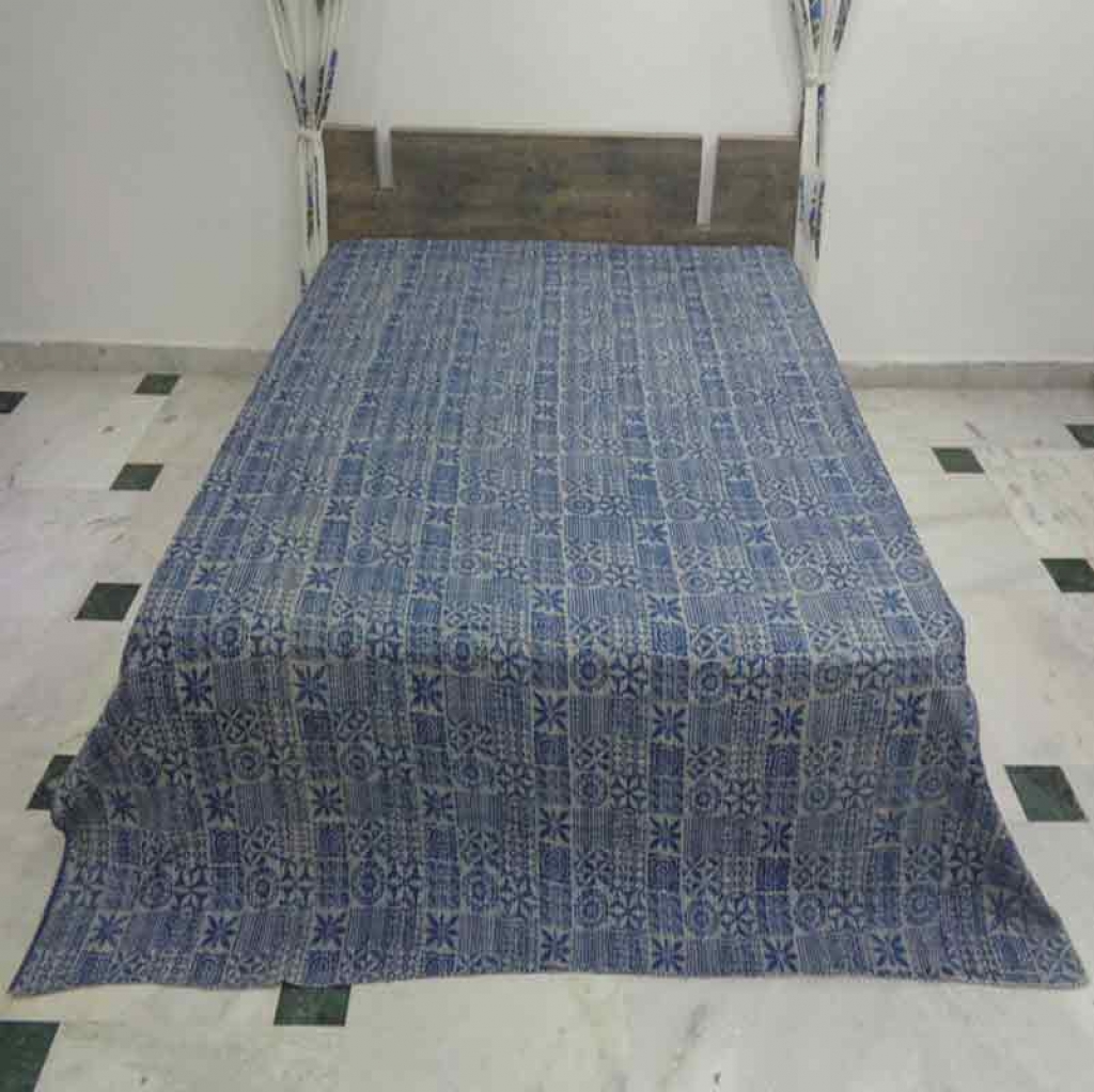 COTTON INDIGO ALL OVER PRINT KANTHA BED COVER FOR ALL-SEASON