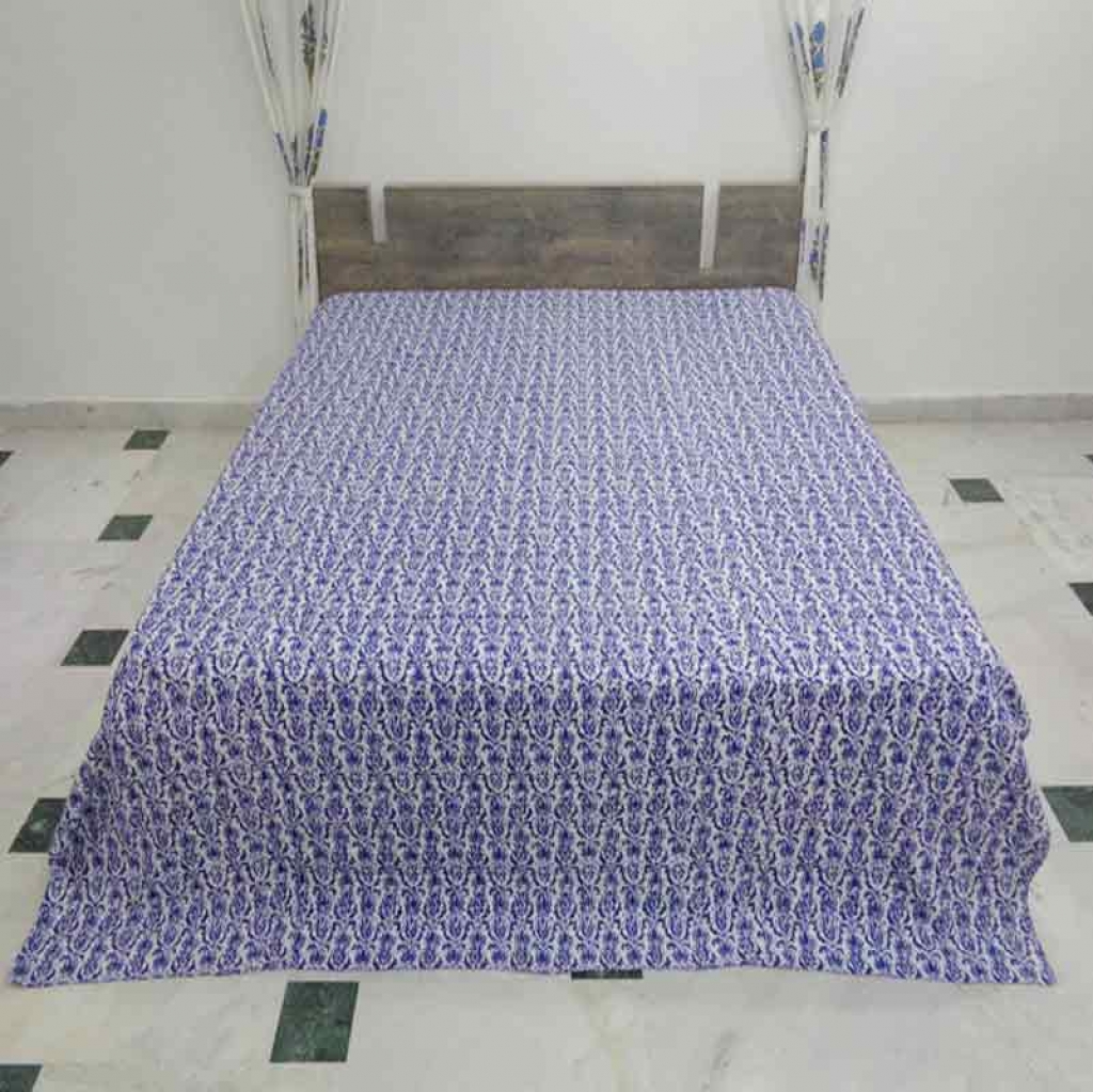 COTTON INDIGO ALL OVER PRINT KANTHA BED COVER FOR ALL-SEASON