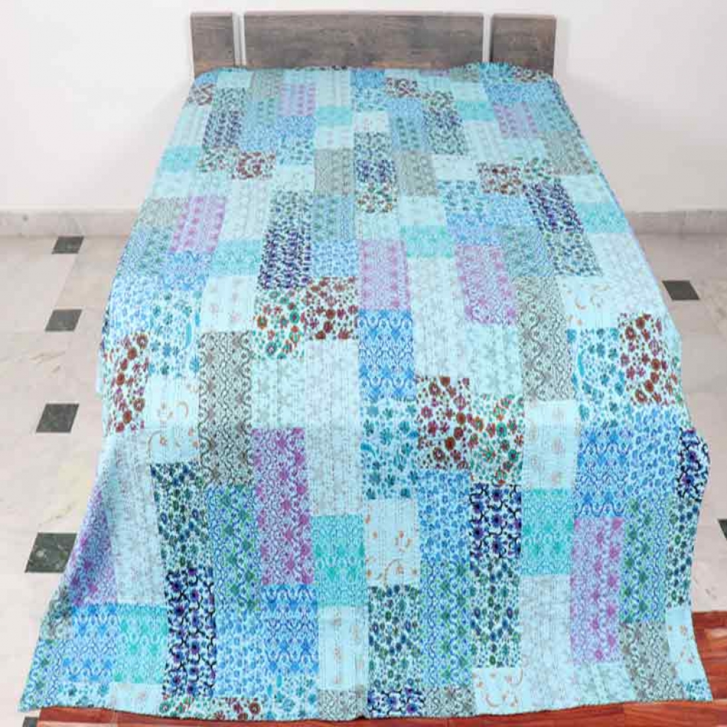 COTTON HAND BLOCK PATCH WORK PRINT KANTHA BED COVER FOR ALL-SEASON