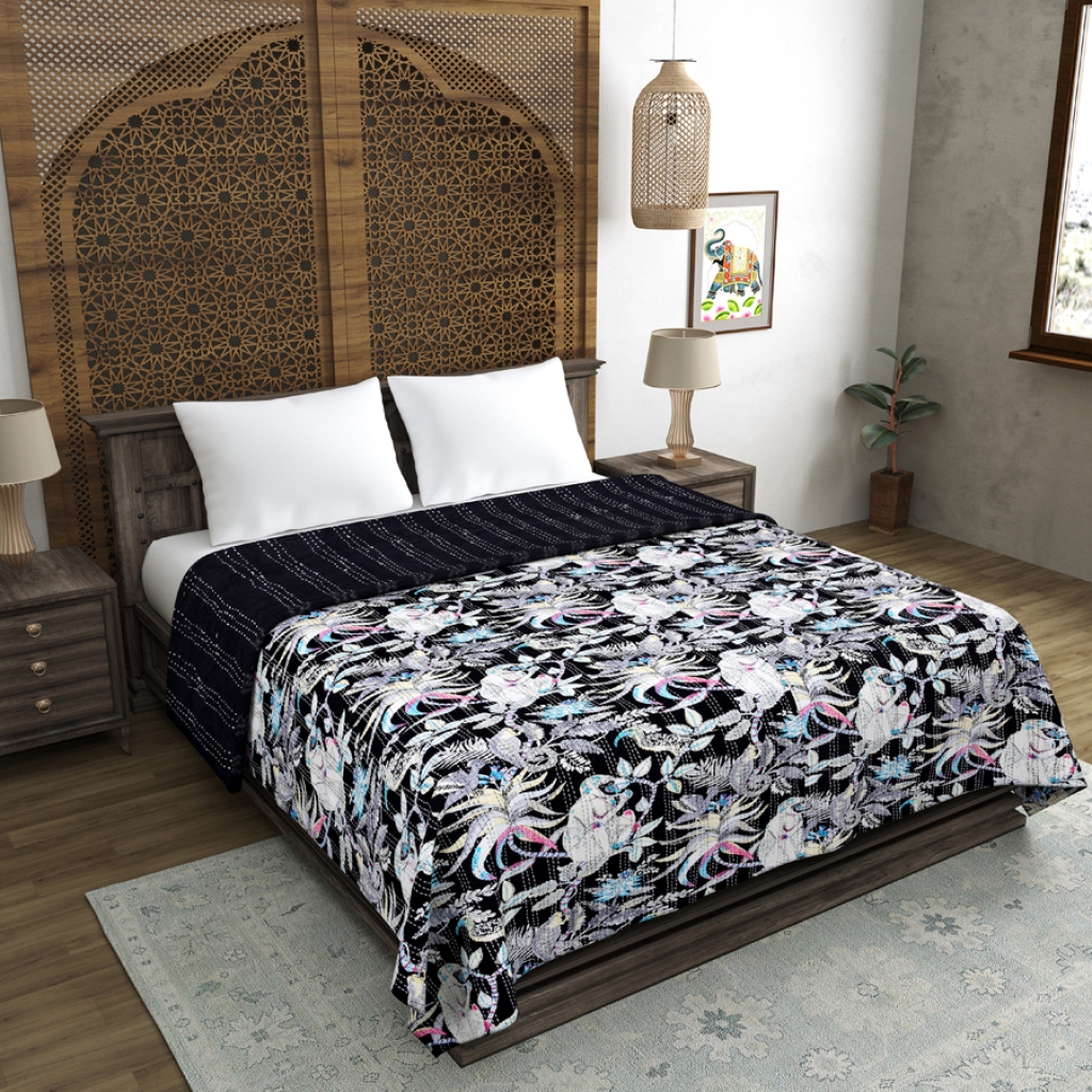 MONKEY PRINTED COTTON KANTHA BEDCOVER
